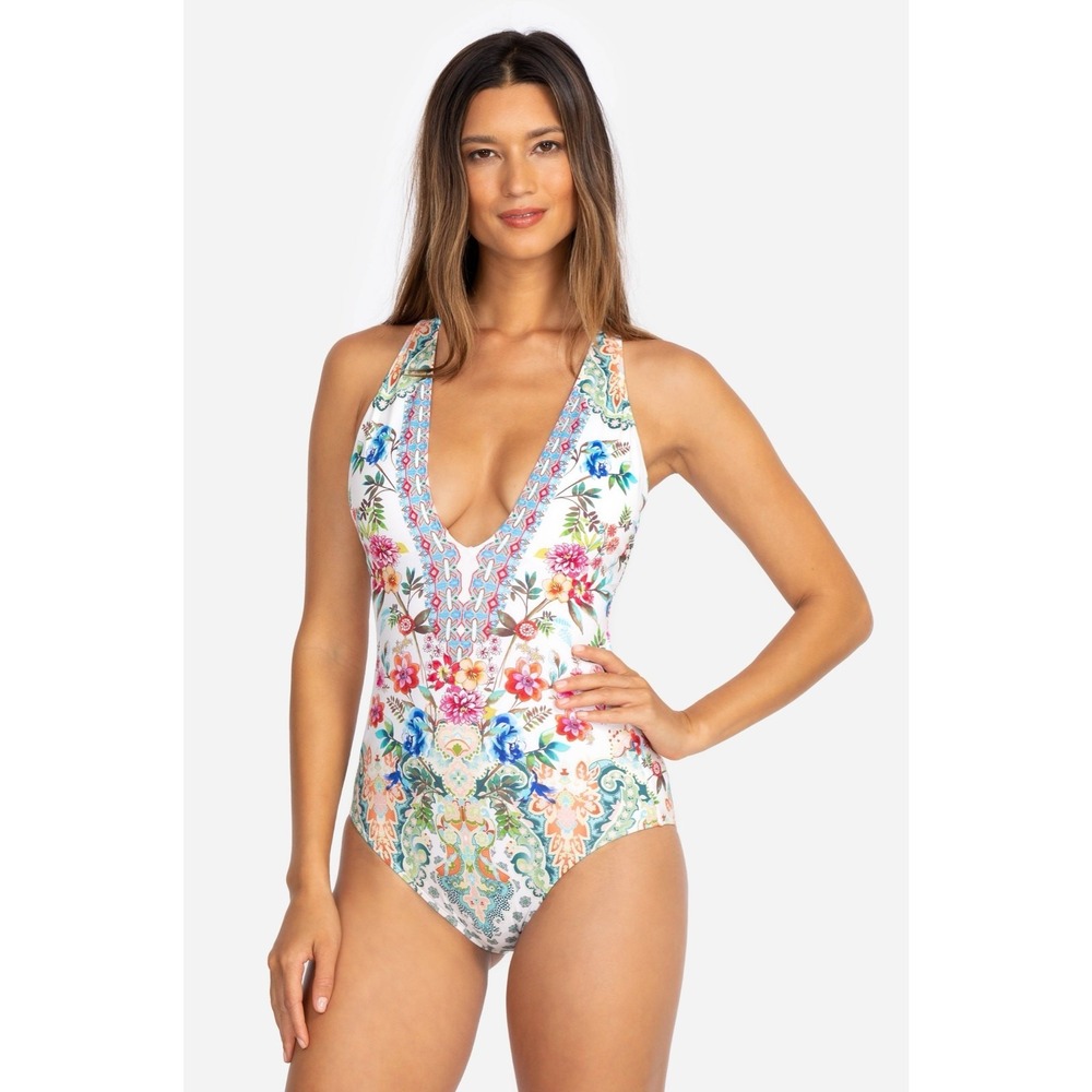 Boho Johnny Was One Piece Swimsuit Floral Paisley Cross Back White XS